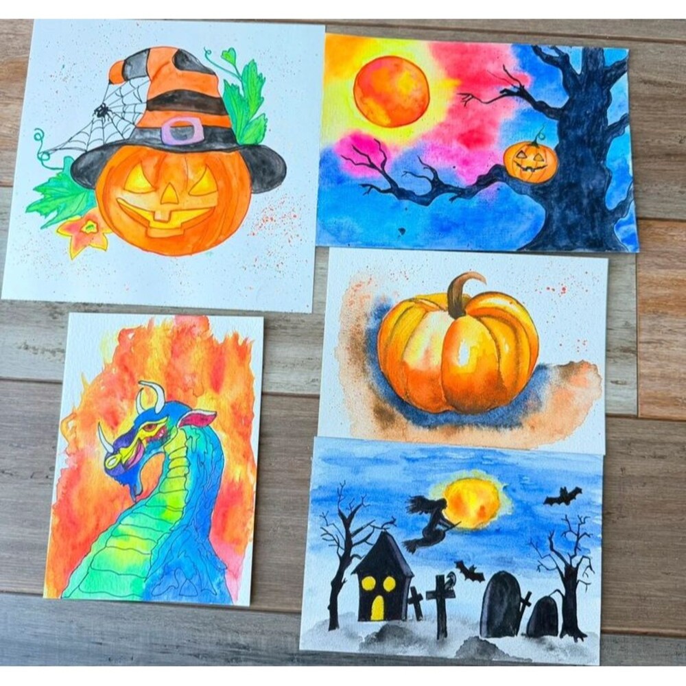 Set of 5 Original Halloween Watercolor Paintings Handpainted, One of a Kind